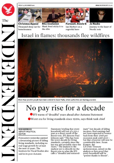 The Independent Newspaper Front Page for 26 November 2016