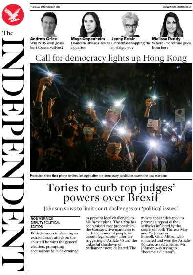 The Independent (UK) Newspaper Front Page for 26 November 2019