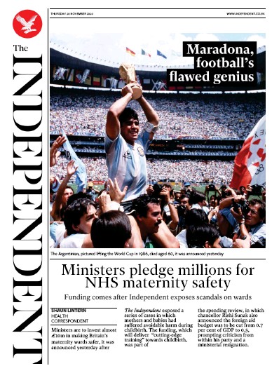 The Independent (UK) Newspaper Front Page for 26 November 2020