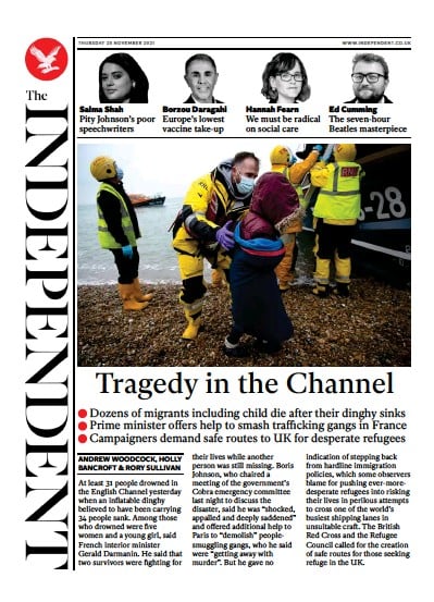 The Independent (UK) Newspaper Front Page for 26 November 2021