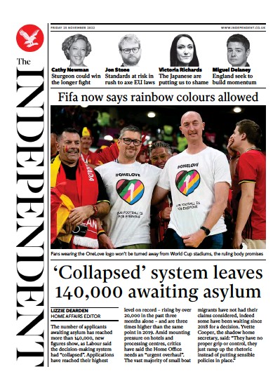 The Independent (UK) Newspaper Front Page for 26 November 2022