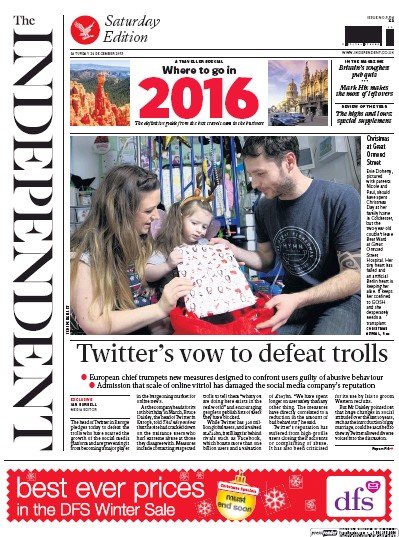 The Independent (UK) Newspaper Front Page for 26 December 2015