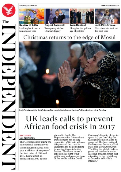 The Independent Newspaper Front Page for 26 December 2016
