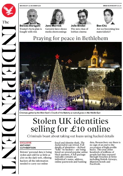 The Independent (UK) Newspaper Front Page for 26 December 2018