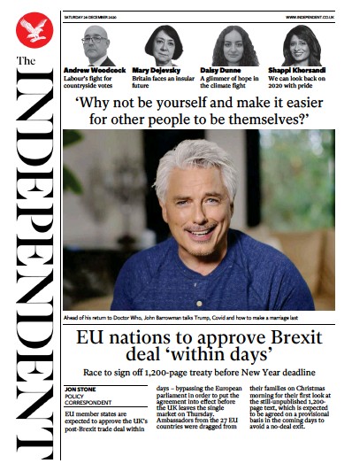 The Independent (UK) Newspaper Front Page for 26 December 2020