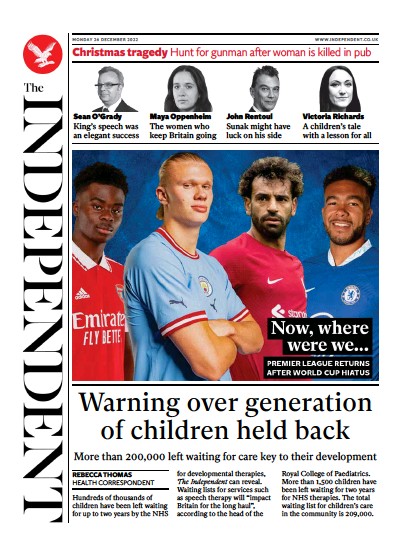 The Independent Newspaper Front Page for 26 December 2022