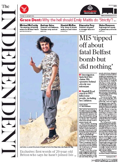 The Independent (UK) Newspaper Front Page for 26 January 2016