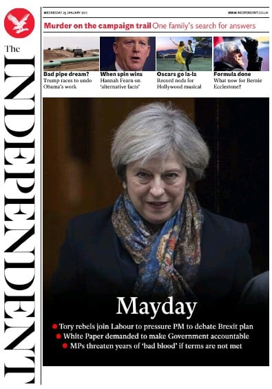 The Independent Newspaper Front Page for 26 January 2017