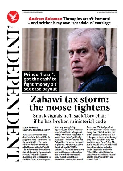 The Independent (UK) Newspaper Front Page for 26 January 2023