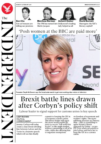 The Independent Newspaper Front Page for 26 February 2018
