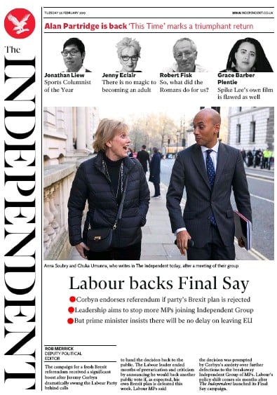 The Independent Newspaper Front Page for 26 February 2019