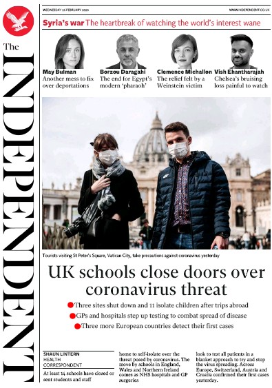 The Independent Newspaper Front Page for 26 February 2020