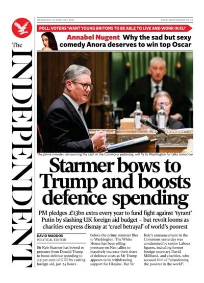 The Independent (UK) Newspaper Front Page for 26 February 2025