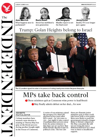 The Independent Newspaper Front Page for 26 March 2019