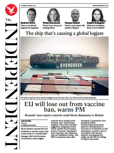 The Independent (UK) Newspaper Front Page for 26 March 2021