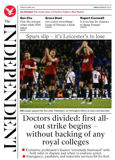 The Independent Newspaper Front Page for 26 April 2016