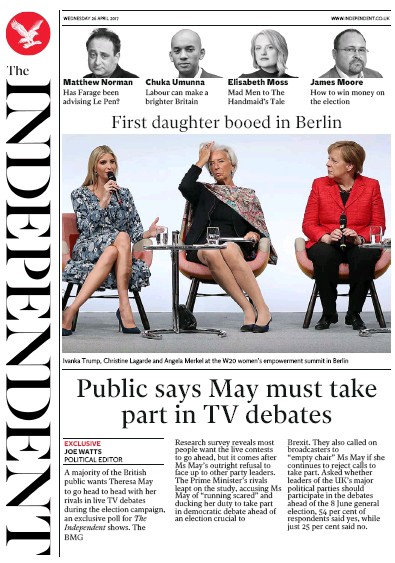 The Independent Newspaper Front Page for 26 April 2017