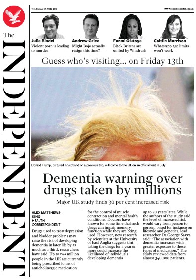 The Independent Newspaper Front Page for 26 April 2018