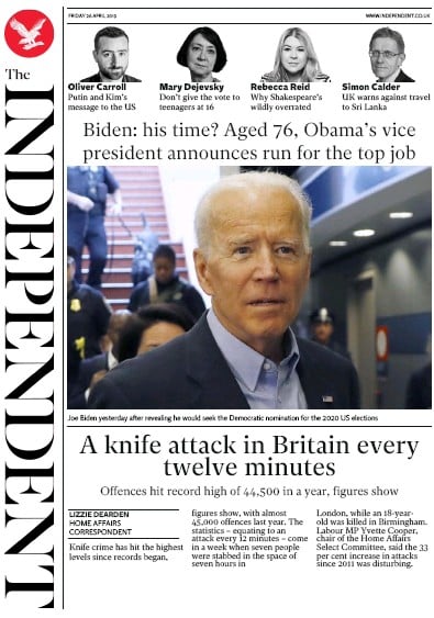 The Independent Newspaper Front Page for 26 April 2019