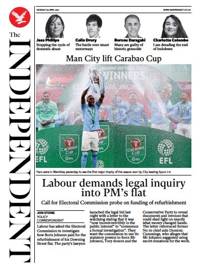 The Independent (UK) Newspaper Front Page for 26 April 2021