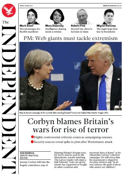 The Independent Newspaper Front Page for 26 May 2017