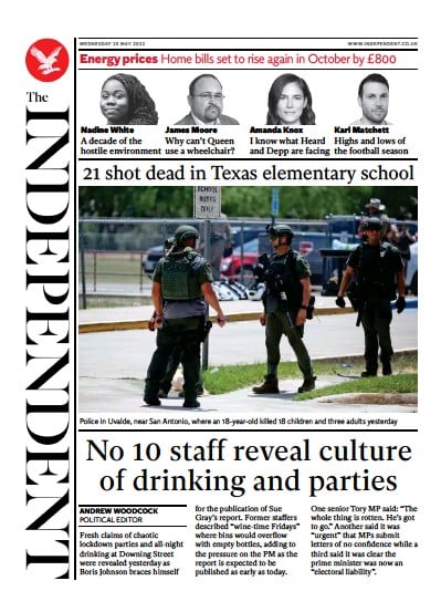 The Independent (UK) Newspaper Front Page for 26 May 2022