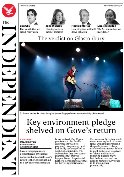 The Independent Newspaper Front Page for 26 June 2017