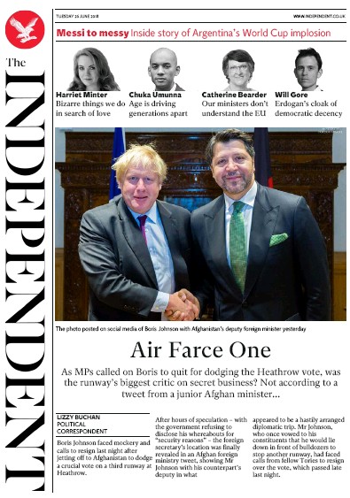 The Independent Newspaper Front Page for 26 June 2018