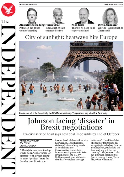 The Independent Newspaper Front Page for 26 June 2019