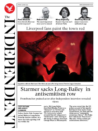 The Independent Newspaper Front Page for 26 June 2020
