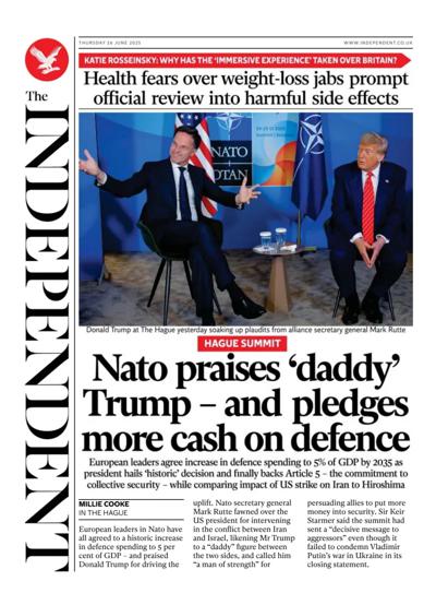 The Independent (UK) Newspaper Front Page for 26 June 2025