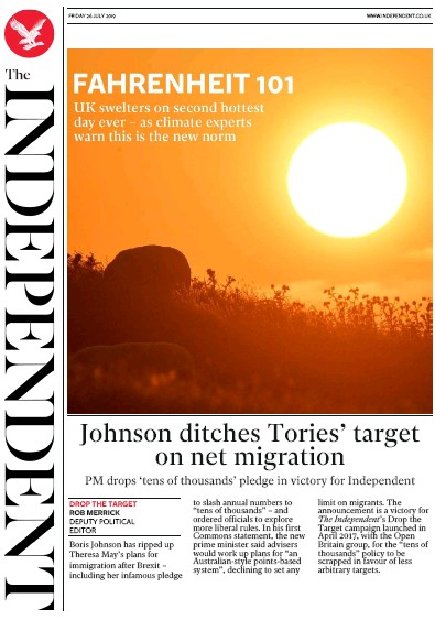 The Independent Newspaper Front Page for 26 July 2019