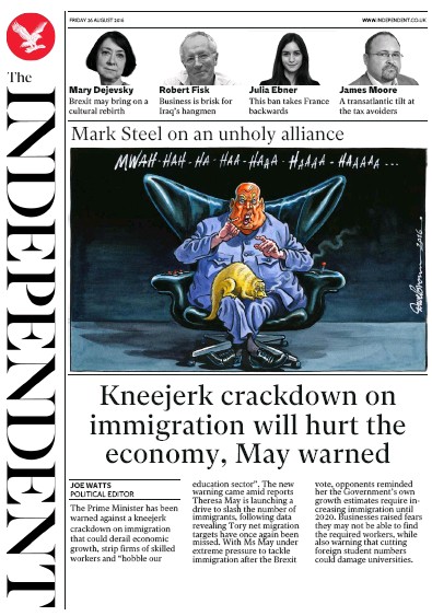 The Independent (UK) Newspaper Front Page for 26 August 2016