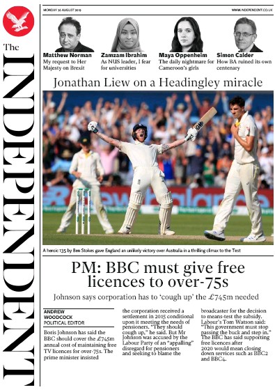 The Independent (UK) Newspaper Front Page for 26 August 2019