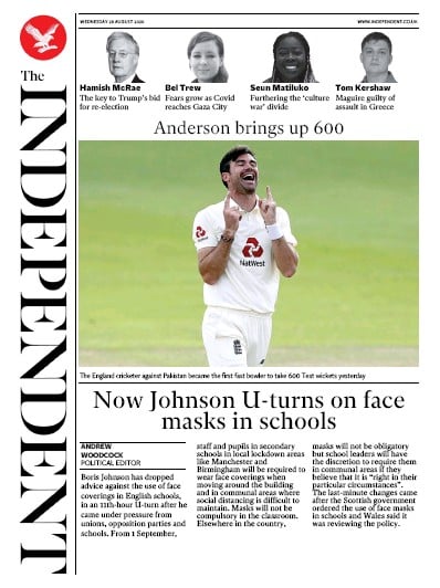 The Independent Newspaper Front Page for 26 August 2020