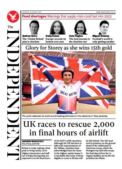 The Independent (UK) Newspaper Front Page for 26 August 2021
