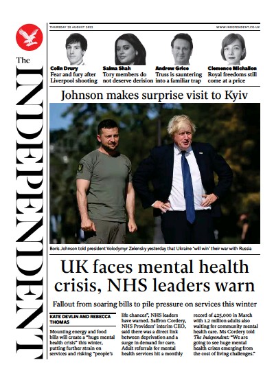 The Independent (UK) Newspaper Front Page for 26 August 2022