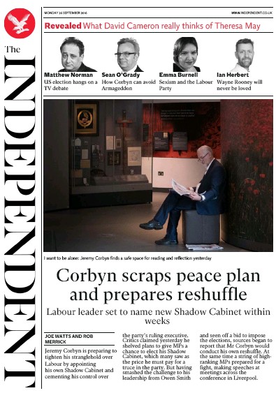 The Independent Newspaper Front Page for 26 September 2016