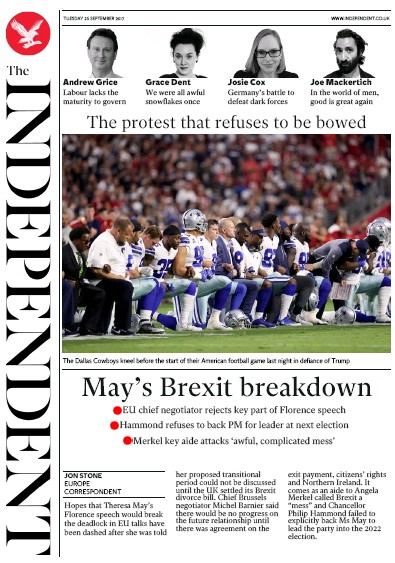 The Independent Newspaper Front Page for 26 September 2017