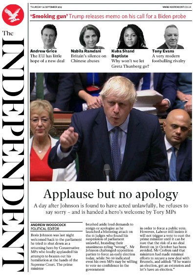 The Independent Newspaper Front Page for 26 September 2019