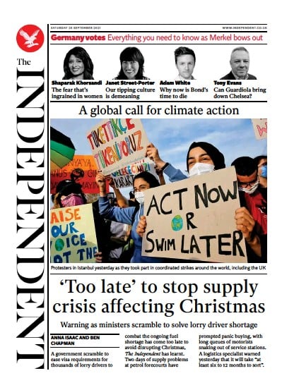 The Independent (UK) Newspaper Front Page for 26 September 2021
