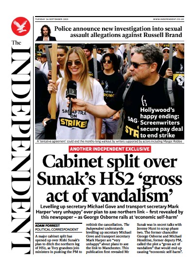 The Independent Newspaper Front Page for 26 September 2023