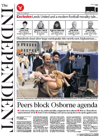 The Independent Newspaper Front Page for 27 October 2015