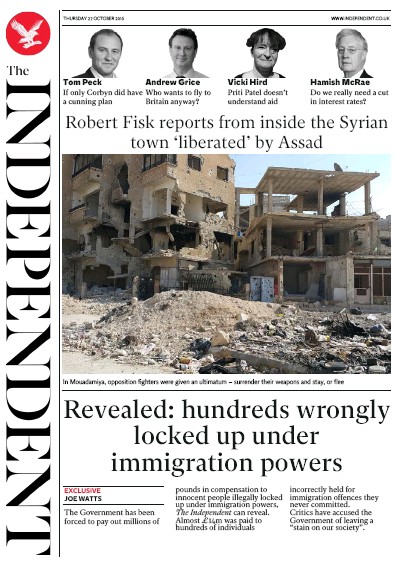 The Independent Newspaper Front Page for 27 October 2016