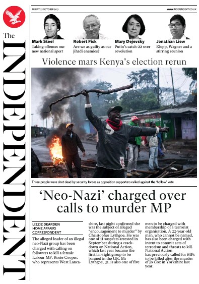 The Independent Newspaper Front Page for 27 October 2017