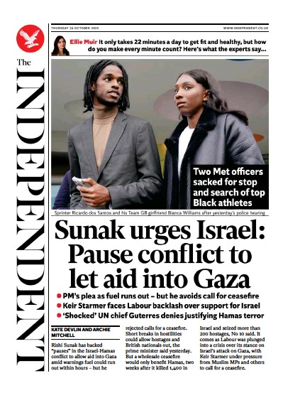 The Independent (UK) Newspaper Front Page for 27 October 2023
