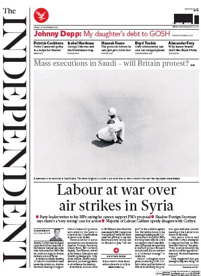 The Independent Newspaper Front Page for 27 November 2015