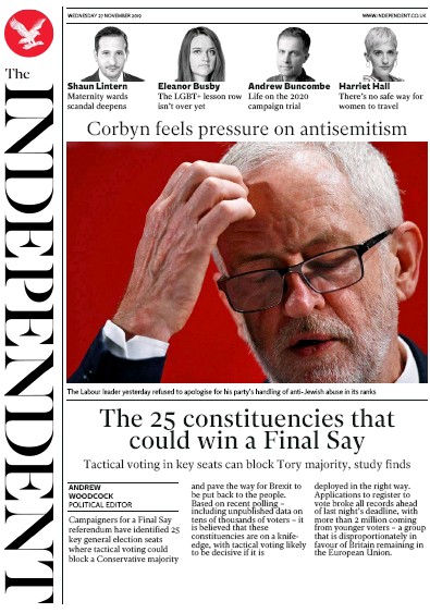 The Independent Newspaper Front Page for 27 November 2019