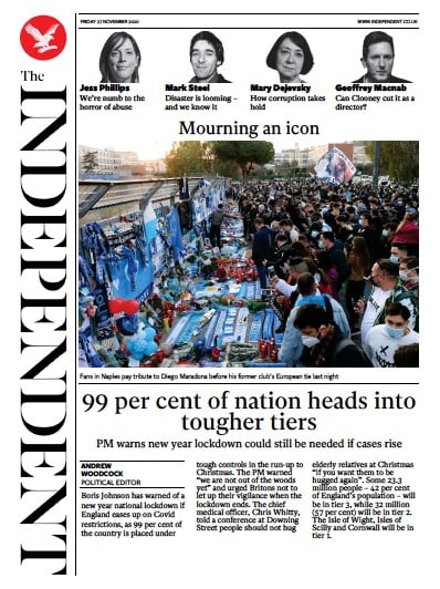 The Independent (UK) Newspaper Front Page for 27 November 2020