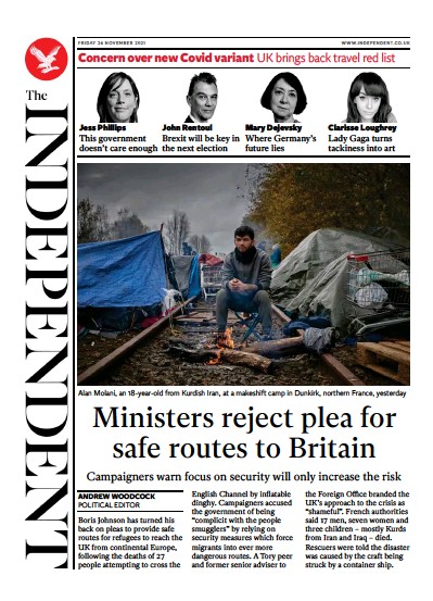 The Independent (UK) Newspaper Front Page for 27 November 2021